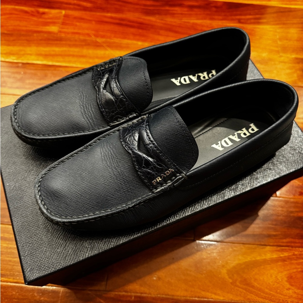 Prada Dark Navy Leather Loafers with Croc Penny Detail